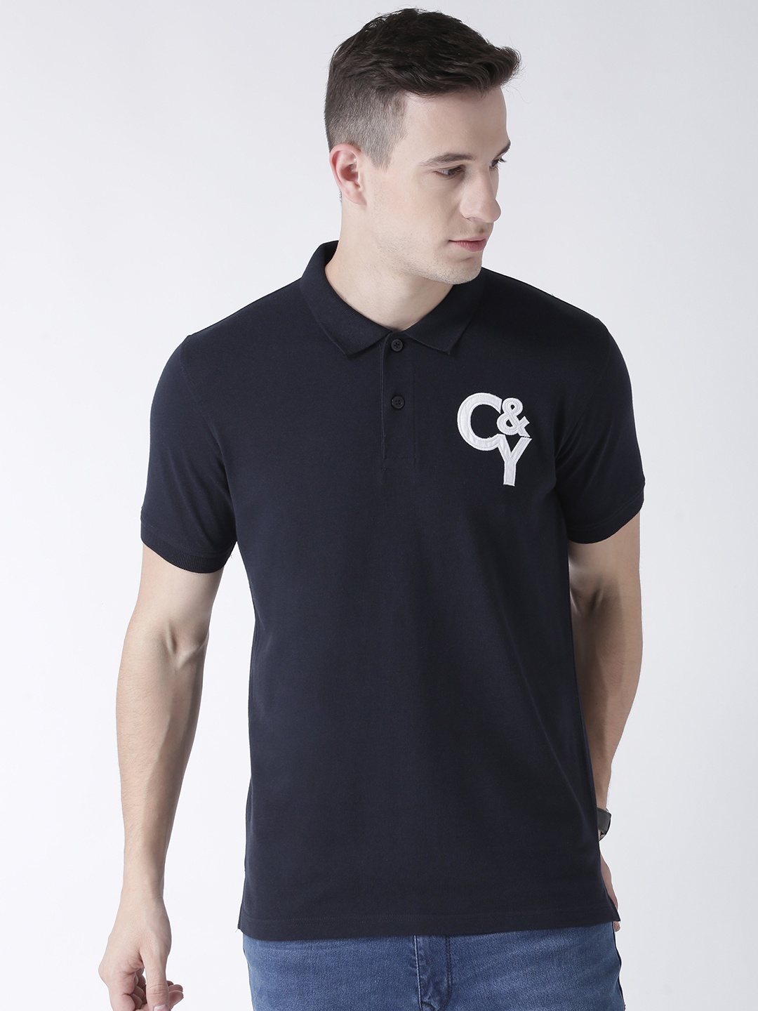 

Club York Men Navy Blue Solid Polo Collar T-shirt