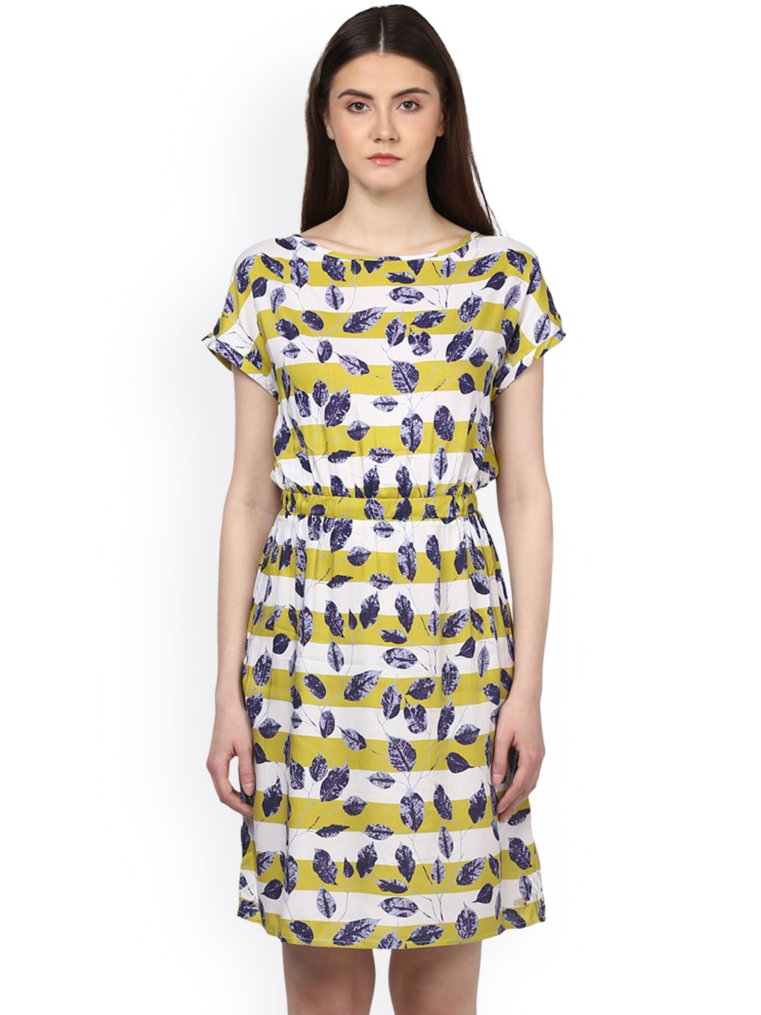 

Park Avenue Women Yellow Striped Blouson Dress