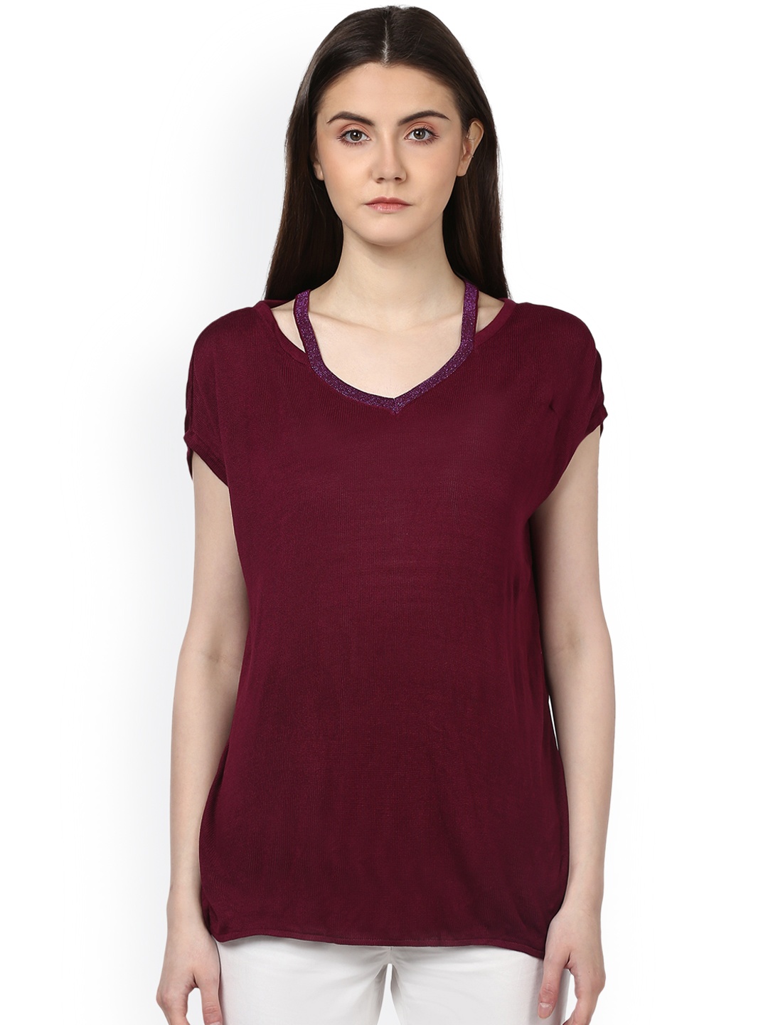 

Park Avenue Women Maroon Solid V-Neck T-shirt