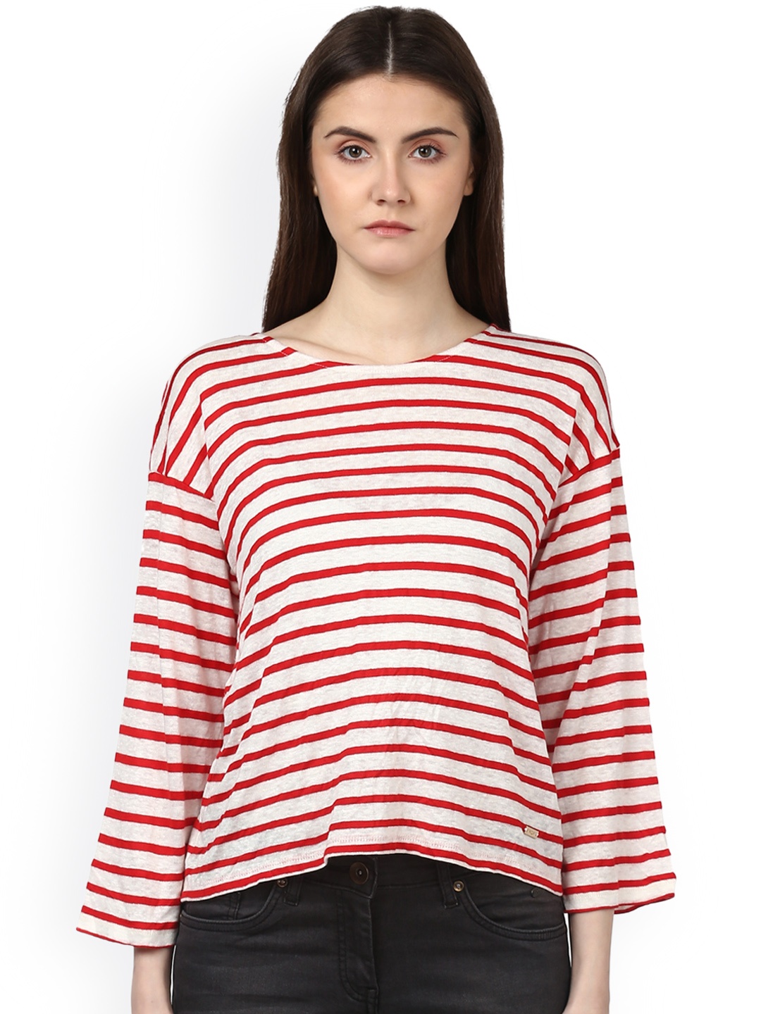 

Park Avenue Women Red Striped Round Neck T-shirt
