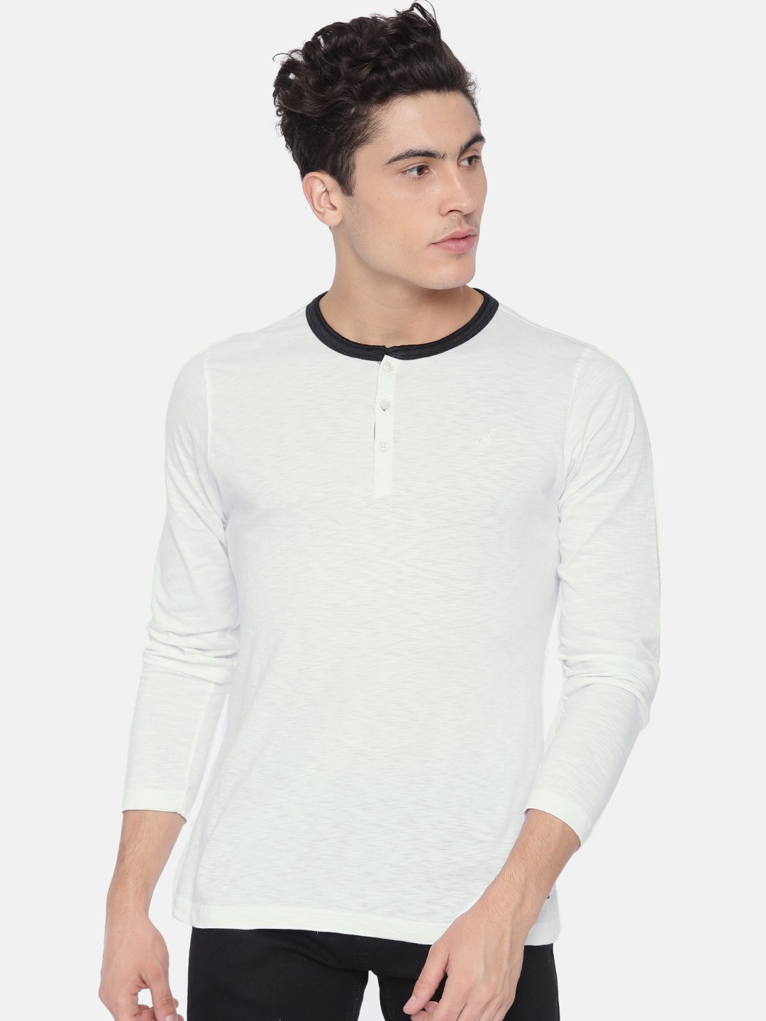 

American Crew Men White Striped Henley Neck T-shirt