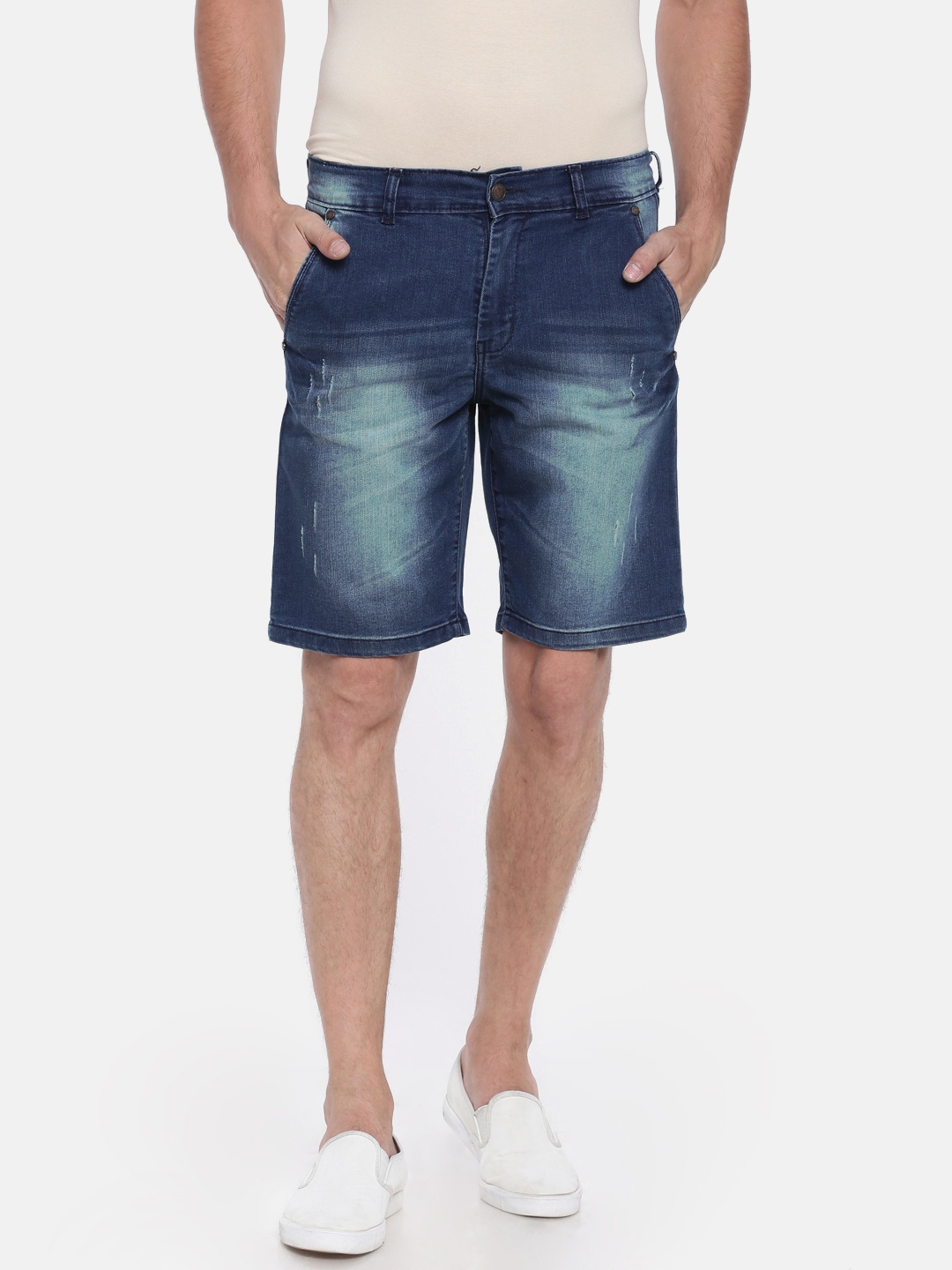 

American Crew Men Blue Distressed Slim Fit Denim Shorts