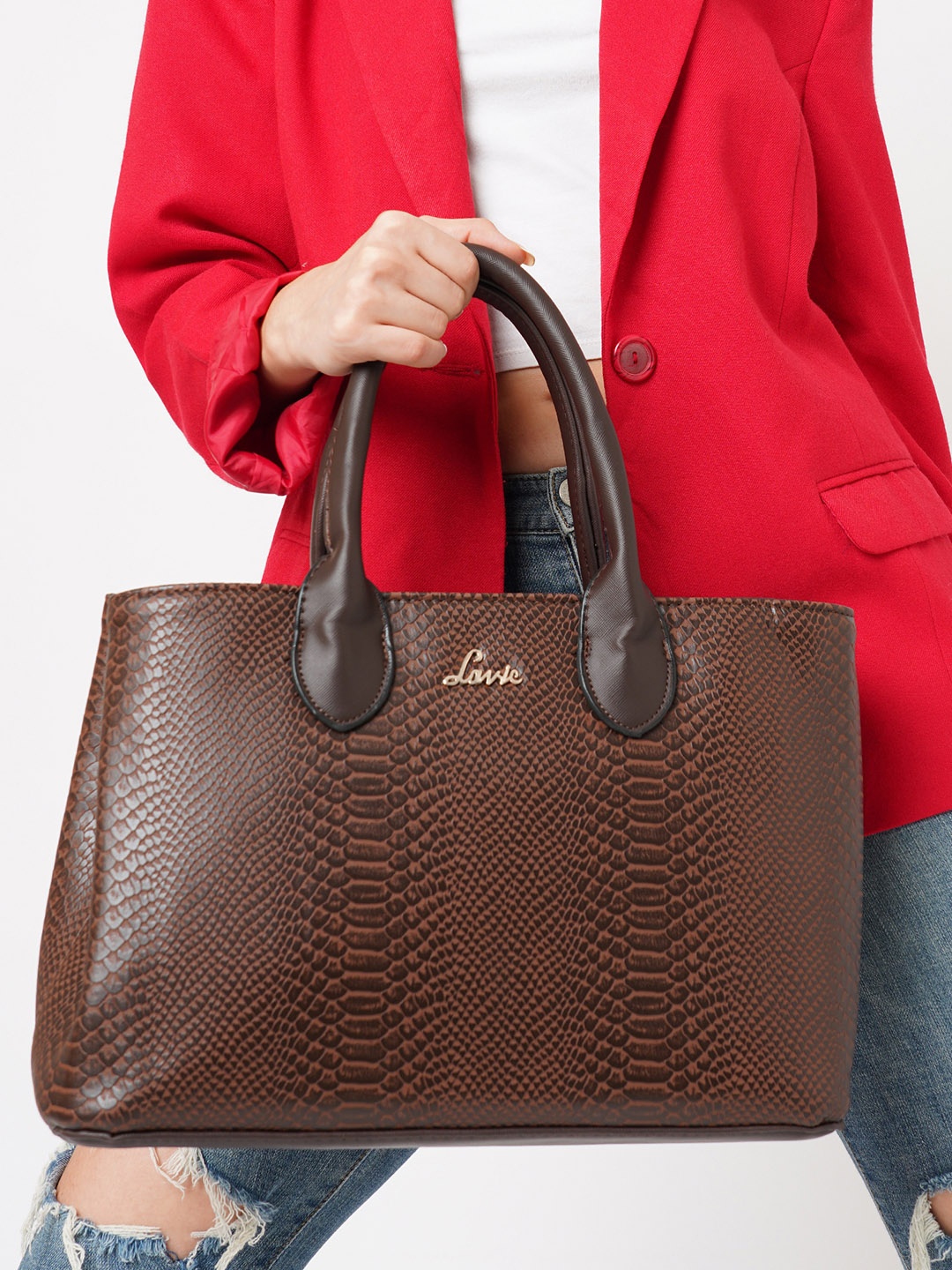 

Lavie Ficus Coffee Brown Animal Textured Structured Handheld Bag