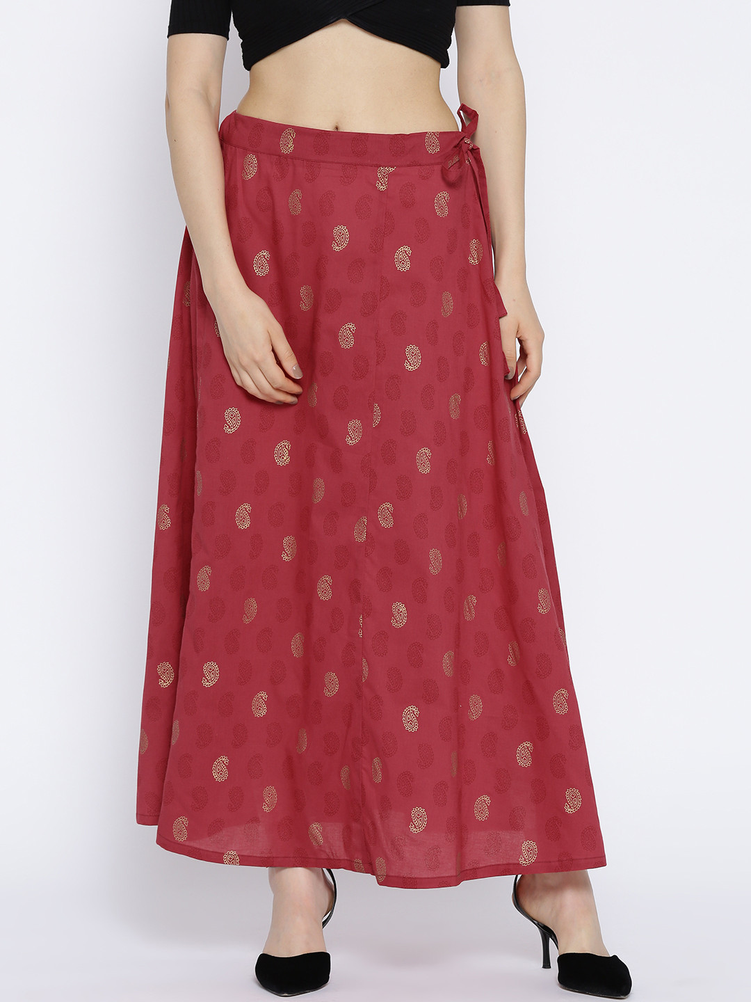 

Ayaany Red Paisley Print Maxi A-Line Pure Cotton Skirt
