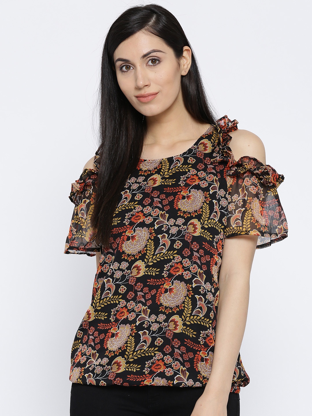 

Ayaany Women Black & Brown Printed Cold-Shoulder Blouson Top