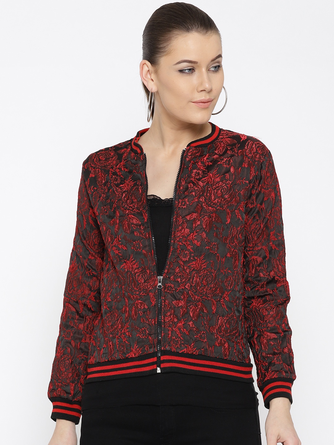 

Noi Women Black & Red Self Design Bomber Jacket