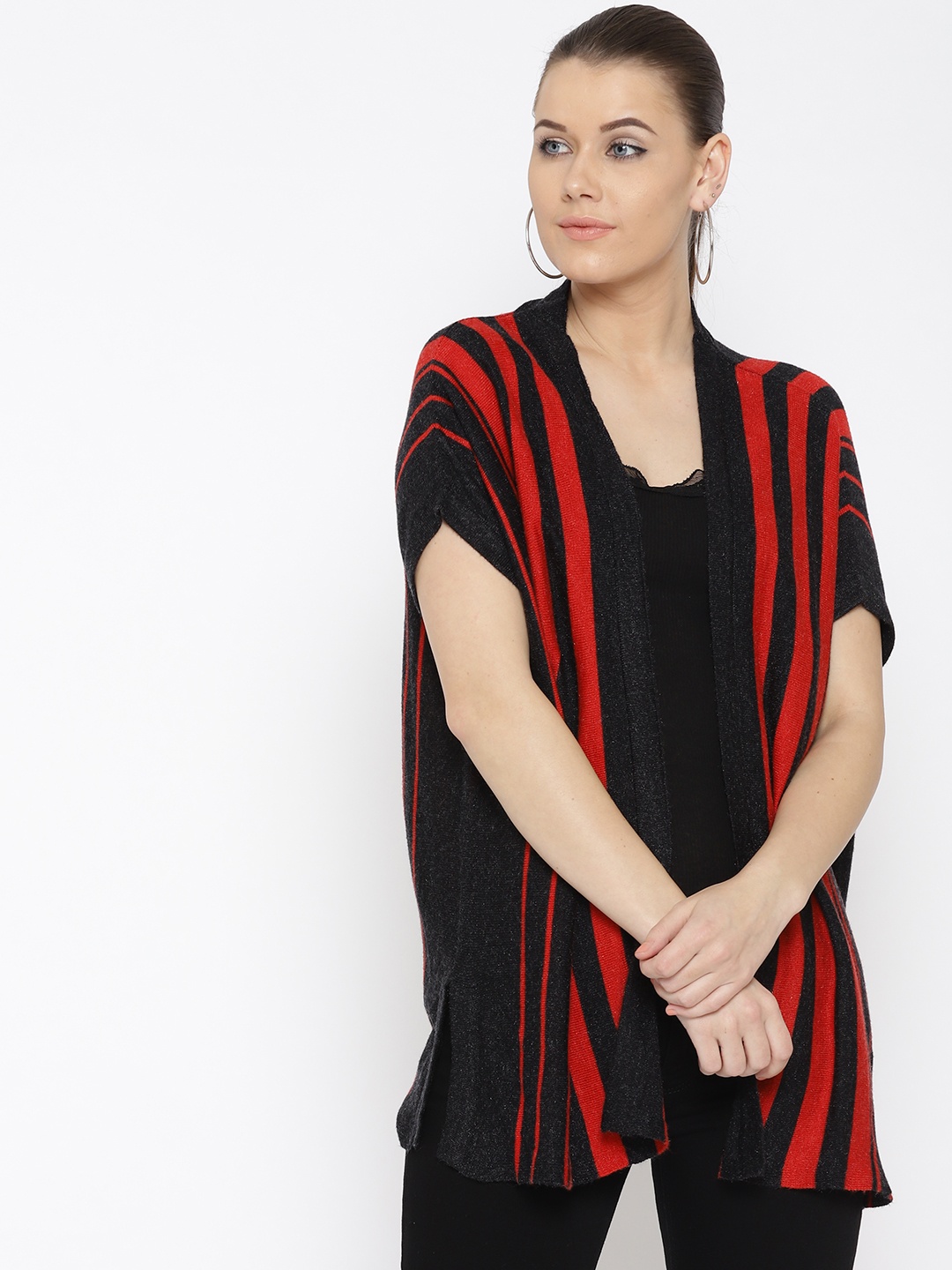 

Noi Charcoal Grey & Red Striped Open Front Shrug