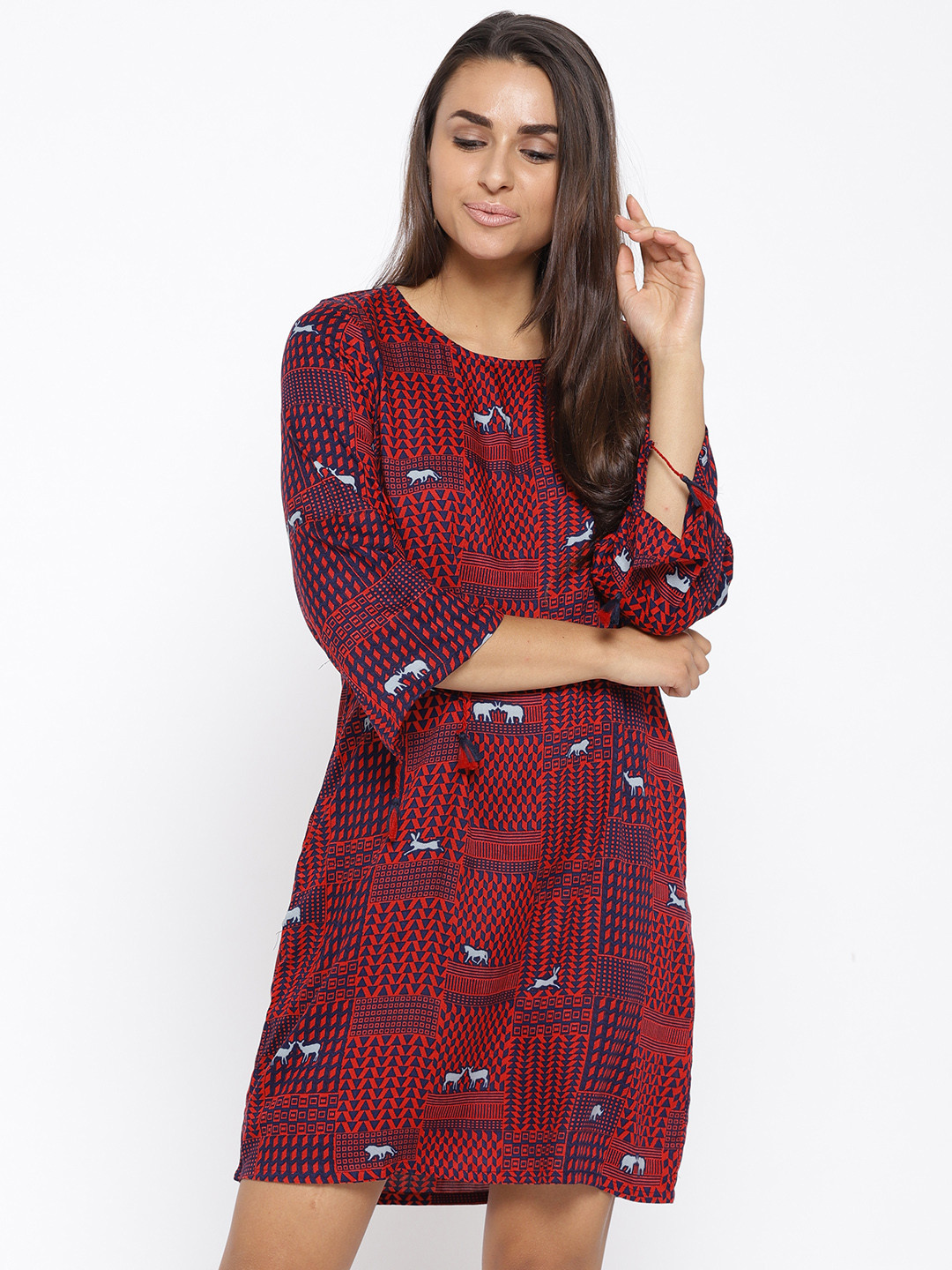 

Global Desi Women Red & Navy Printed A-Line Dress
