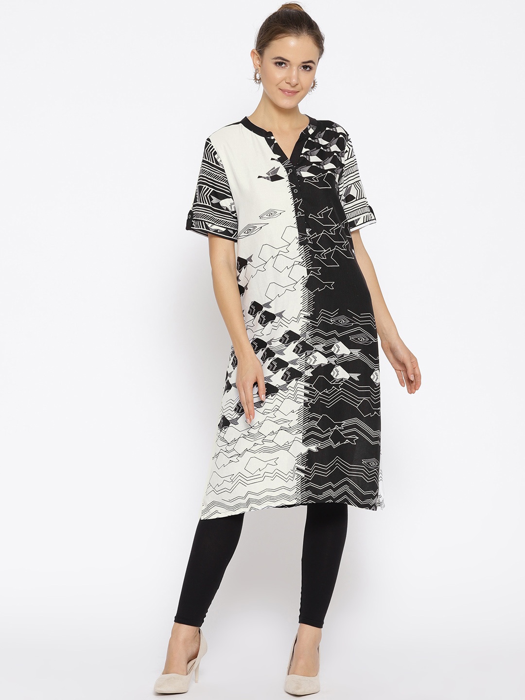 

Global Desi Women White & Black Printed A-Line Kurta