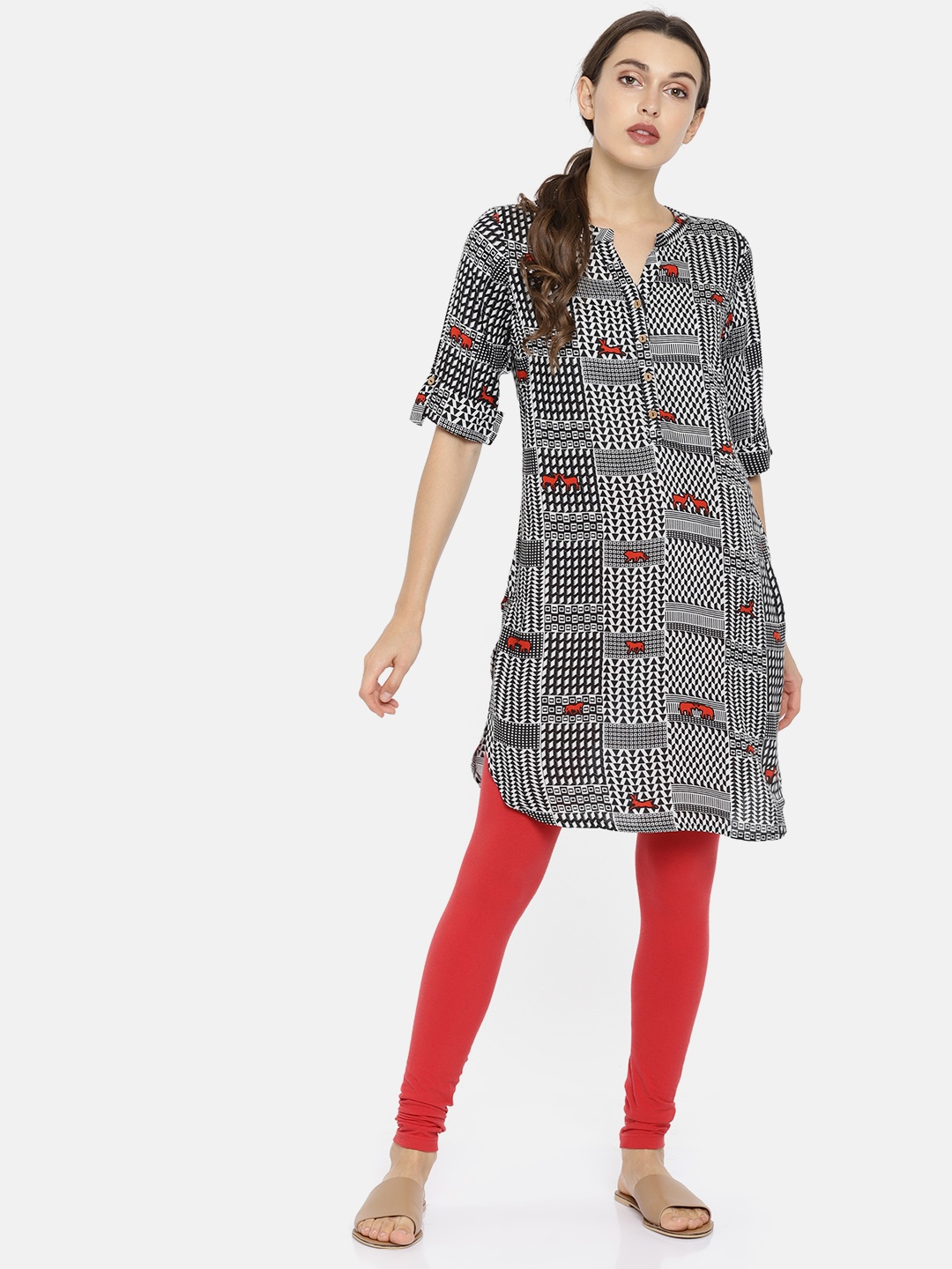 

Global Desi Black & White Printed Tunic