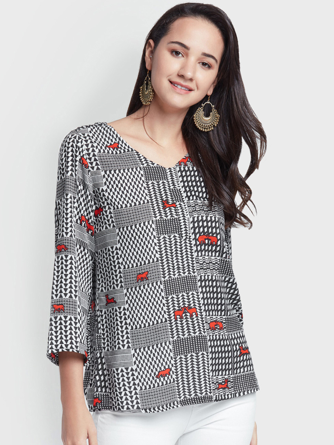 

Global Desi Women Black & White Printed Top