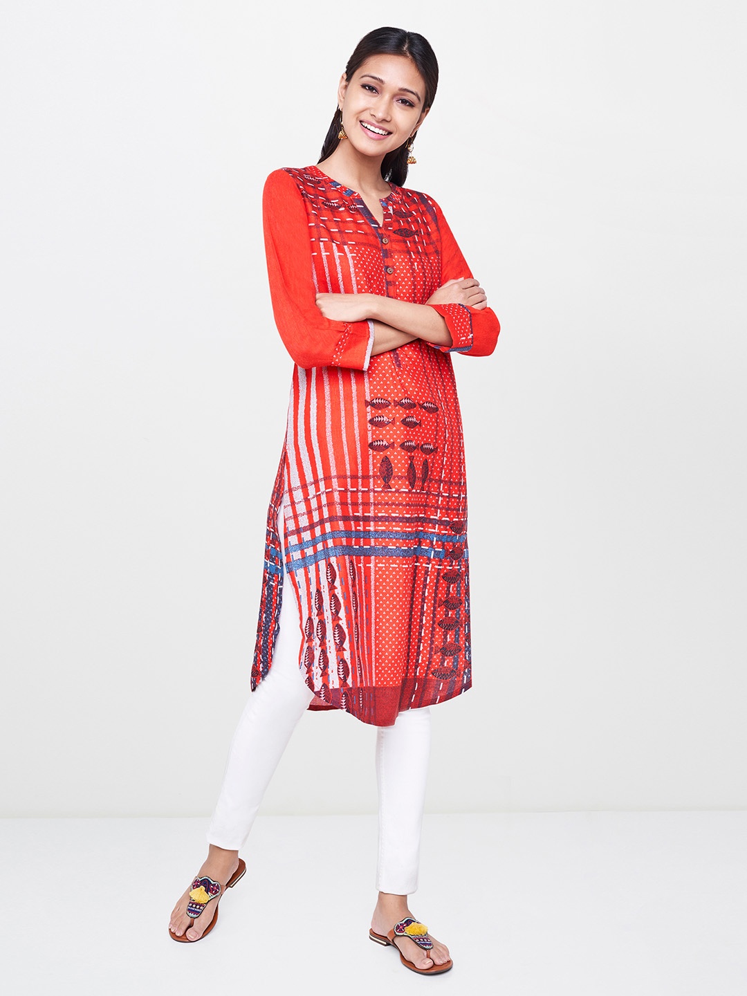 

Global Desi Women Orange Printed A-Line Kurta