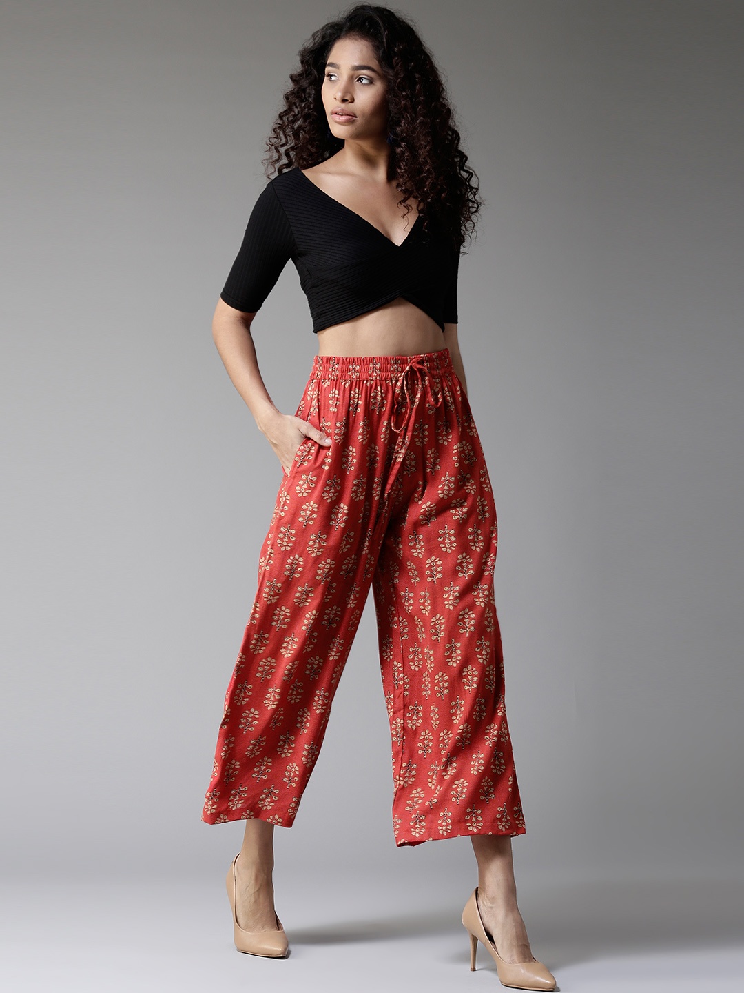 

HERE&NOW Women Red & Beige Printed Wide Leg Palazzos
