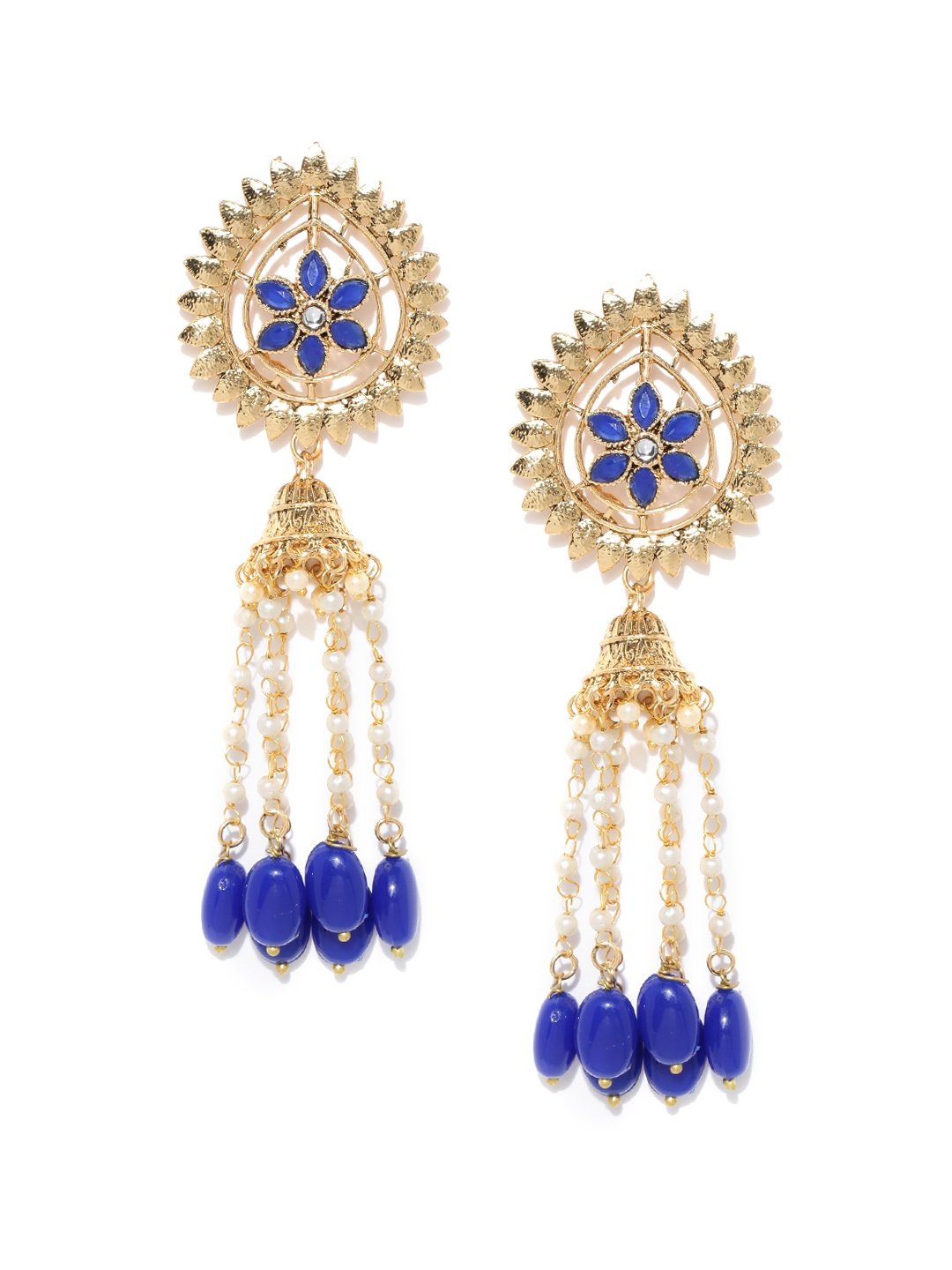

Zaveri Pearls Gold-Toned & Blue Floral Jhumkas