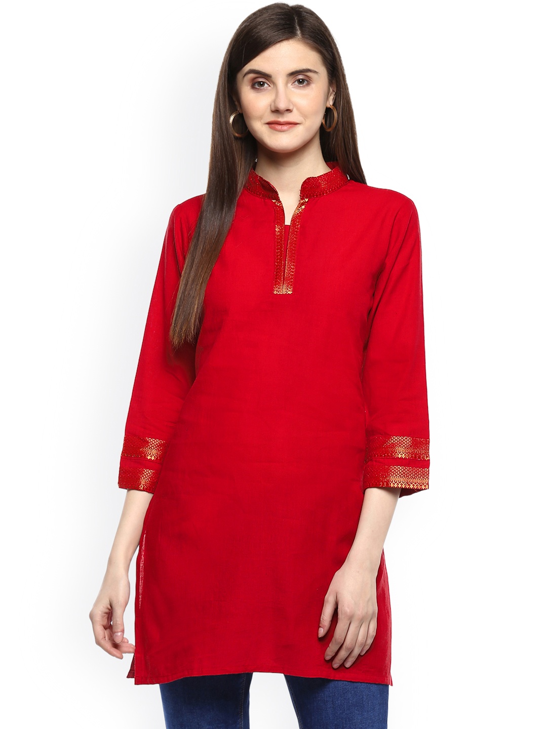 

Bhama Couture Red Handloom Mangalgiri Solid Tunic
