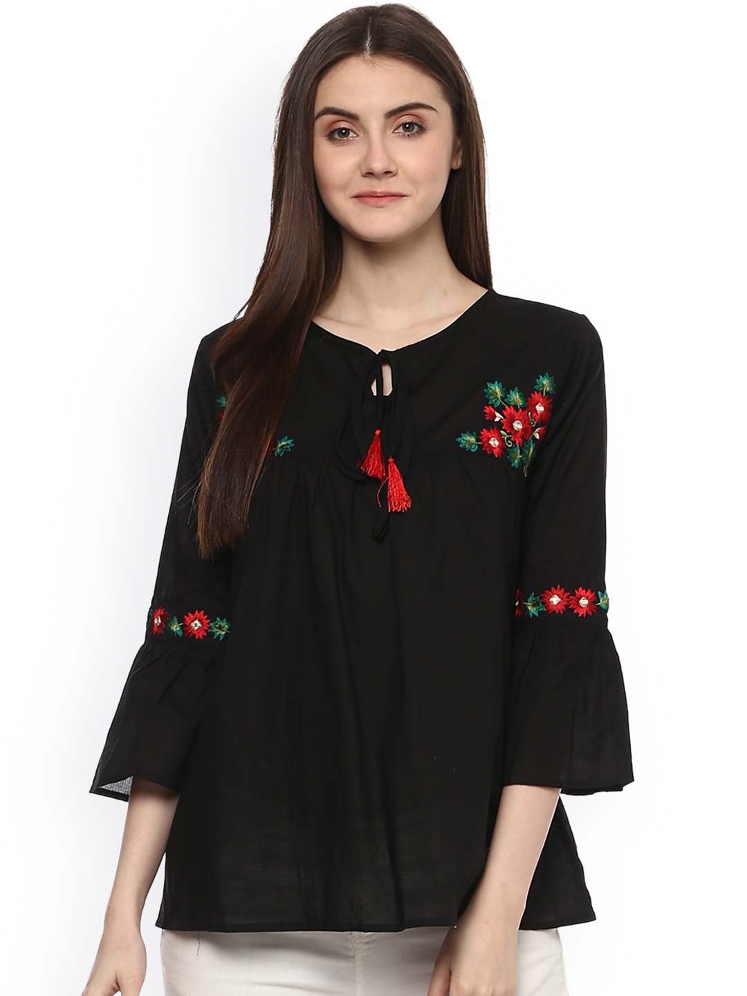 

Bhama Couture Women Black Solid A-Line Pure Cotton Top