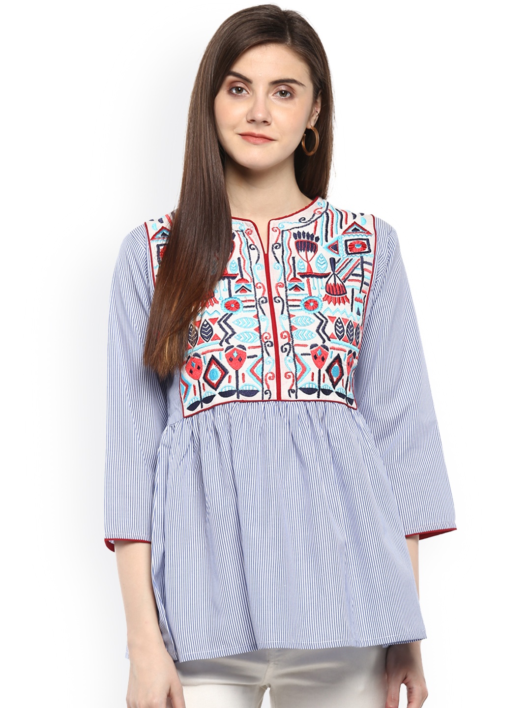 

Bhama Couture Women Blue Striped A-Line Pure Cotton Top