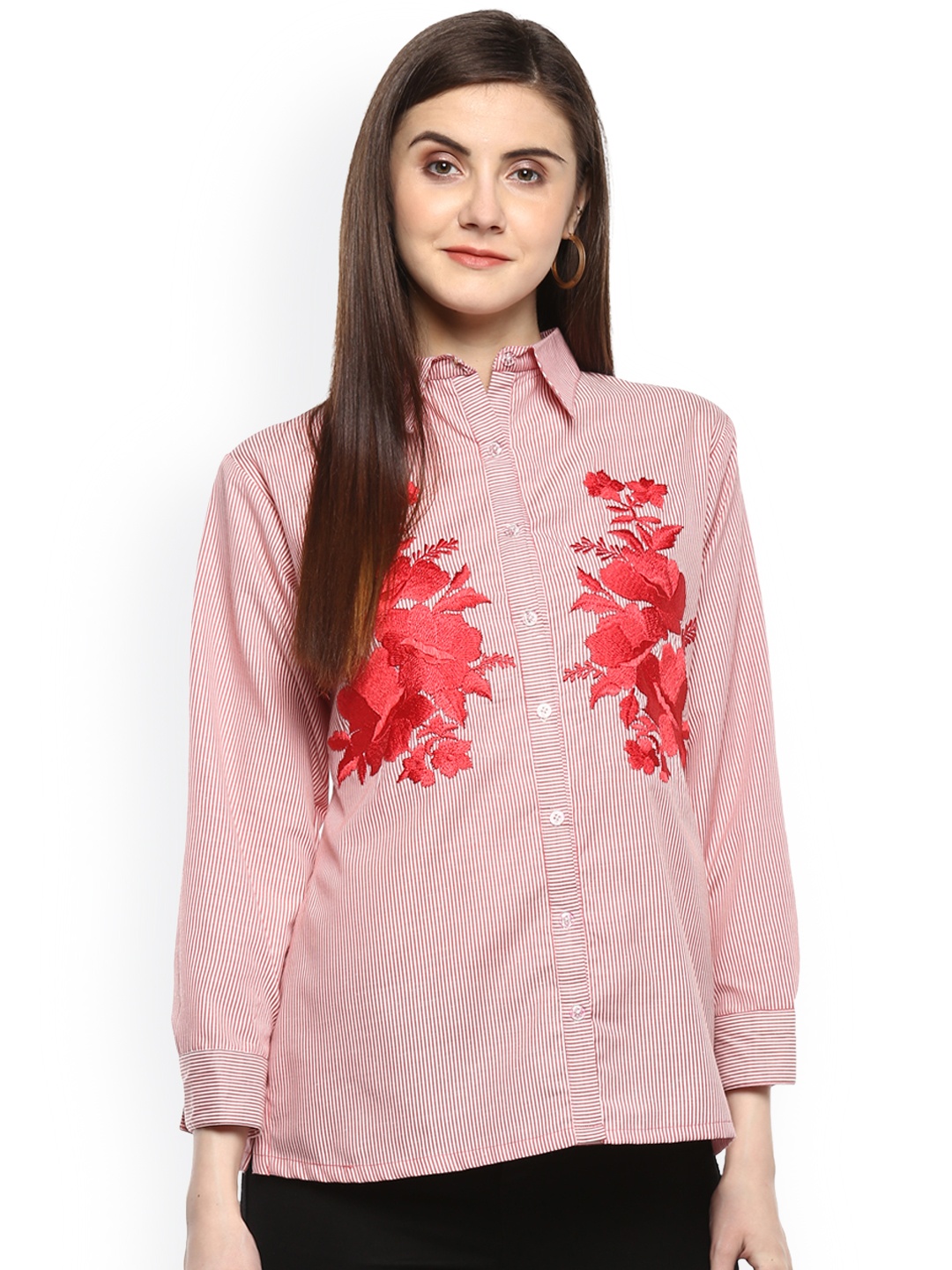 

Bhama Couture Women Red Striped Shirt Style Top