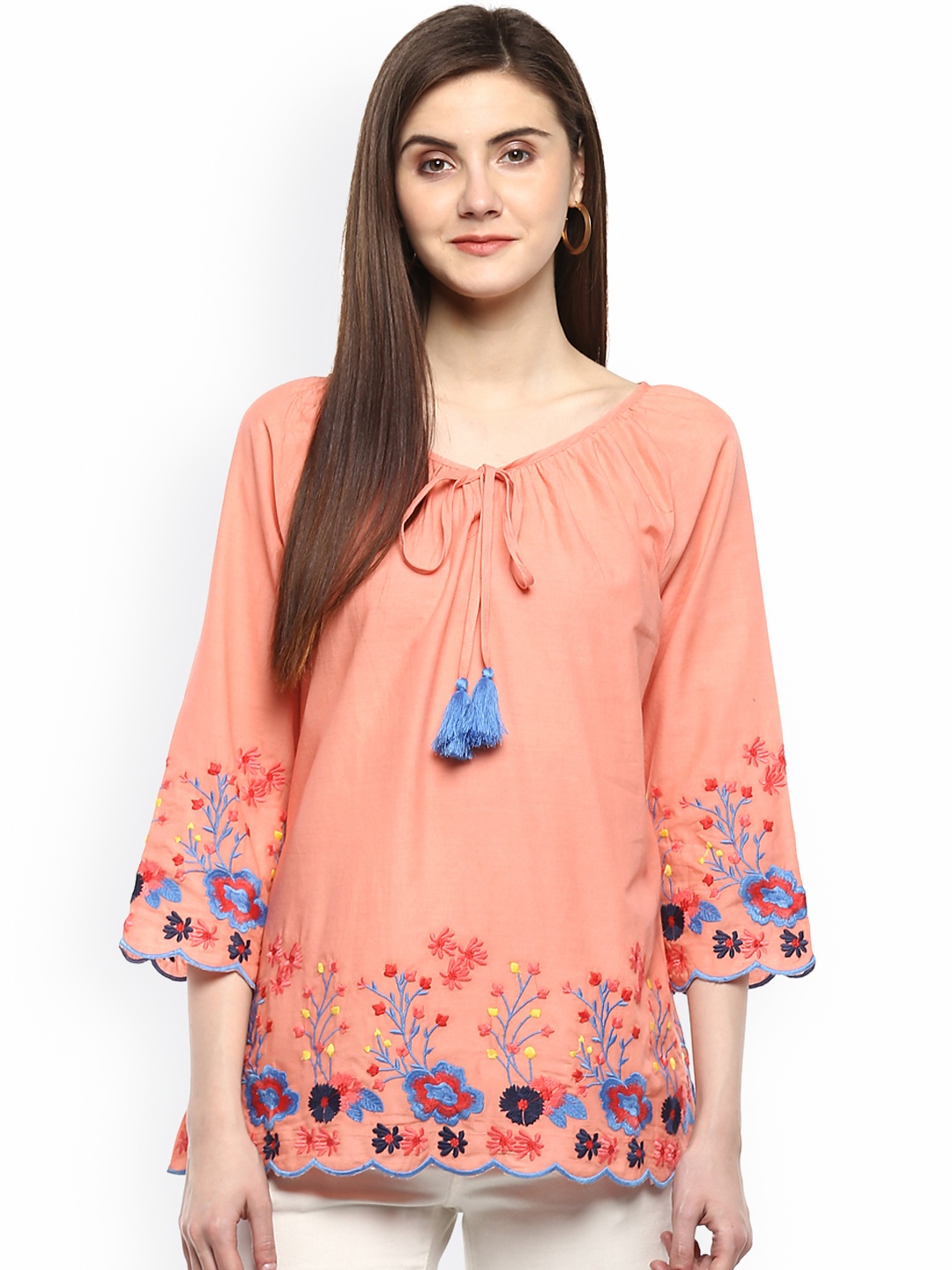 

Bhama Couture Women Peach-Coloured Printed A-Line Top