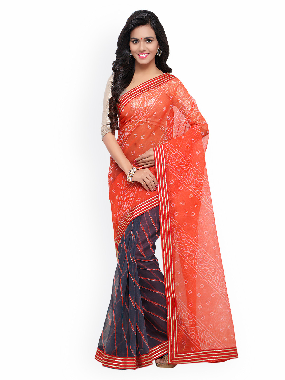

Blissta Coral & Grey Supernet Printed Saree