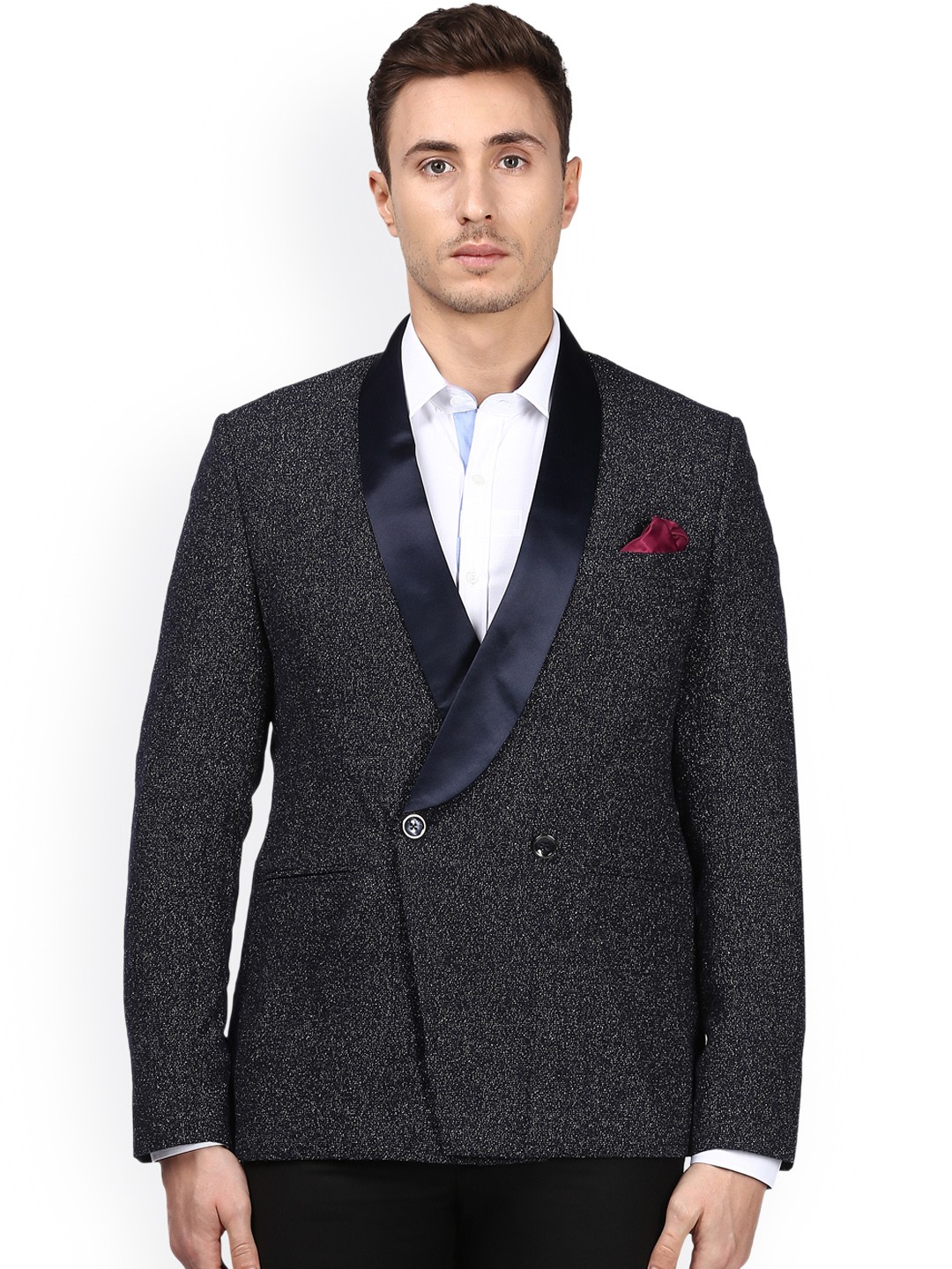 

Park Avenue Men Casual Self-Design Double-Breasted Super Slim Fit Casual Blazer, Black