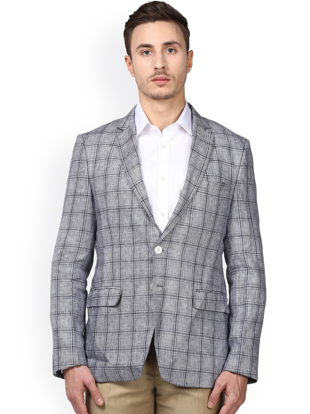 

Park Avenue Men Grey Checked Single-Breasted Super Slim Fit Smart Casual Linen Blazer