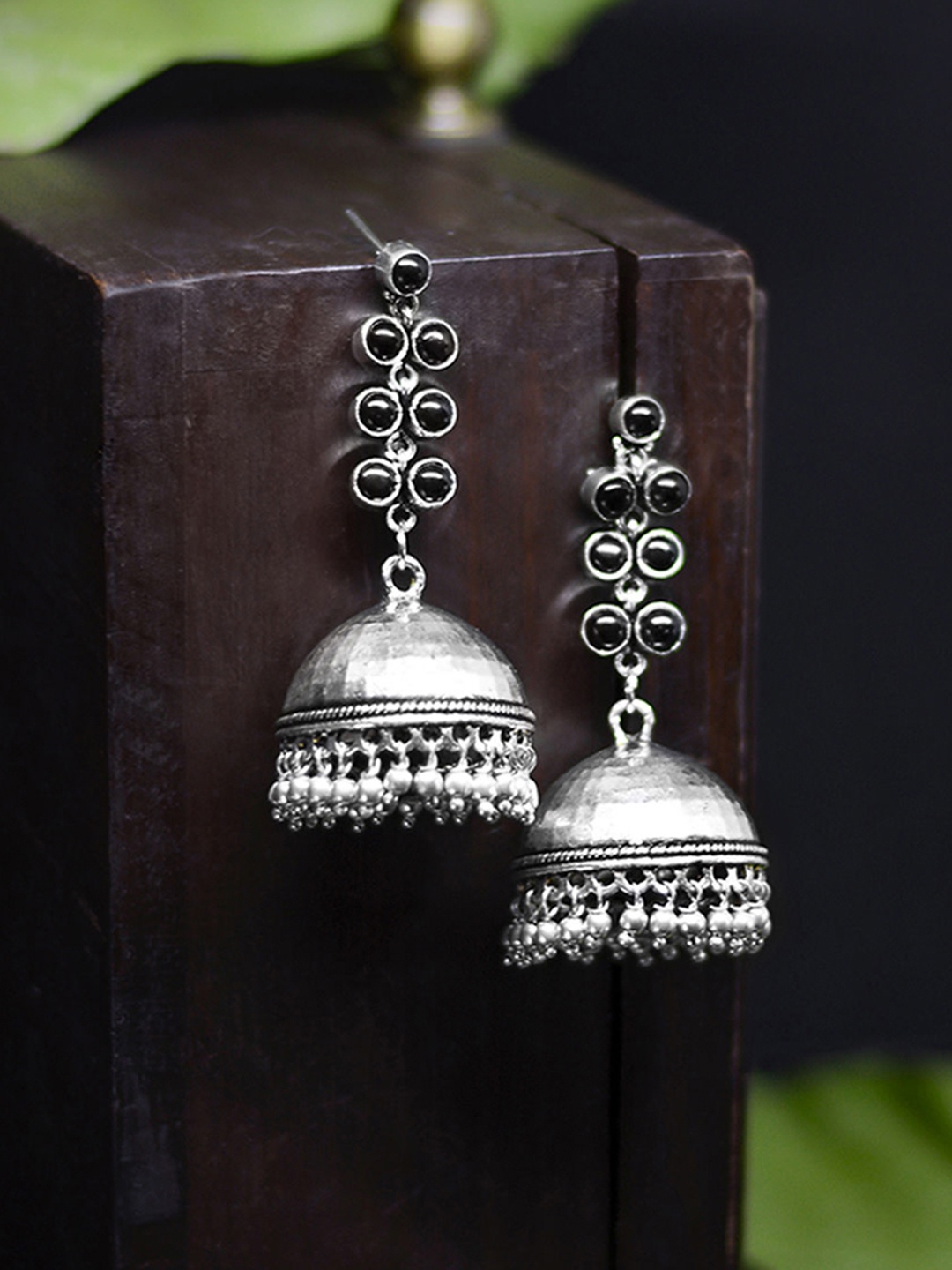 

Rubans Silver-Toned & Black Classic Jhumkas