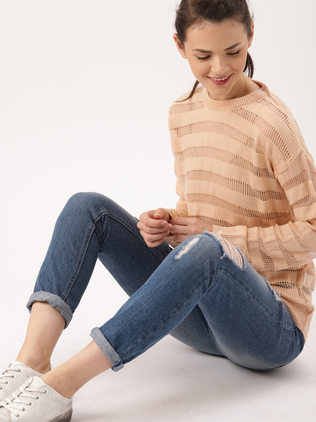 

DressBerry Women Peach-Coloured Self Design Pullover