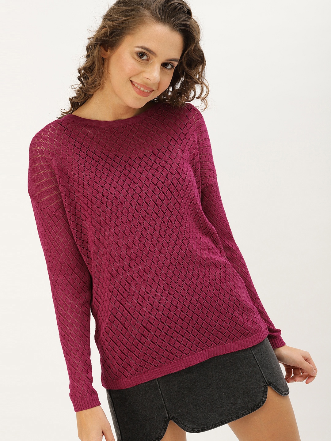 

DressBerry Women Pink Self Design Pullover