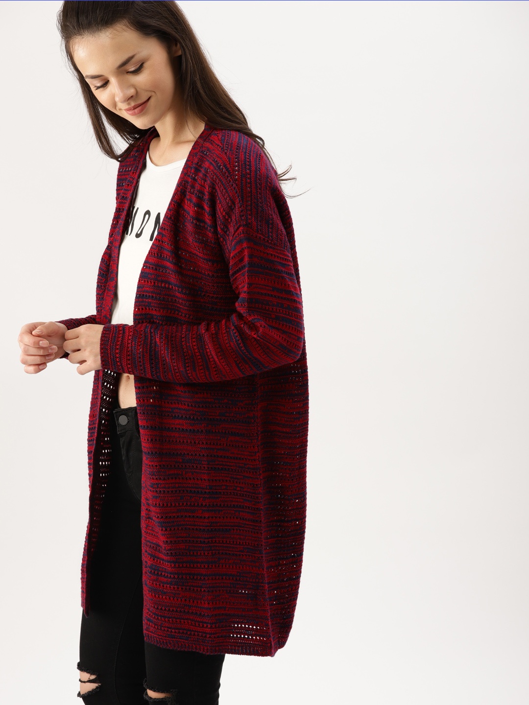

DressBerry Women Red & Navy Blue Self Design Front-Open