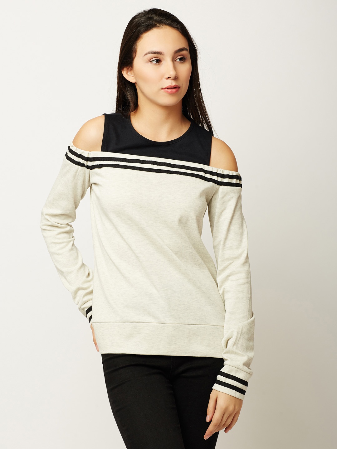 

Miss Chase Women Off-White & Black Solid Cold-Shoulder Sweatshirt