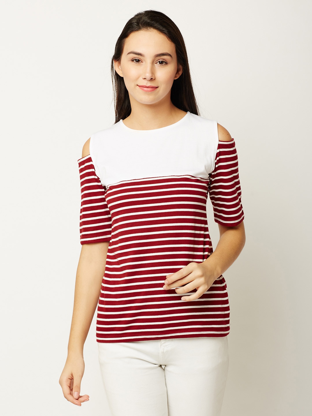 

Miss Chase Women Maroon Striped Pure Cotton Top