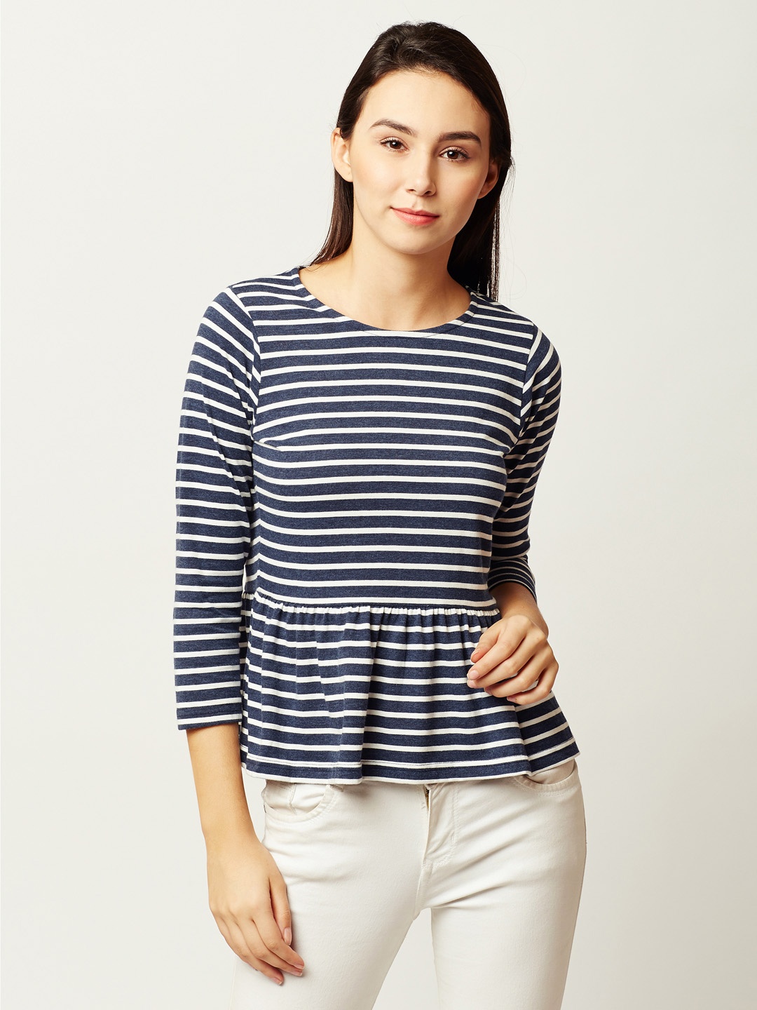 

Miss Chase Women Navy Blue & White Striped Peplum Top