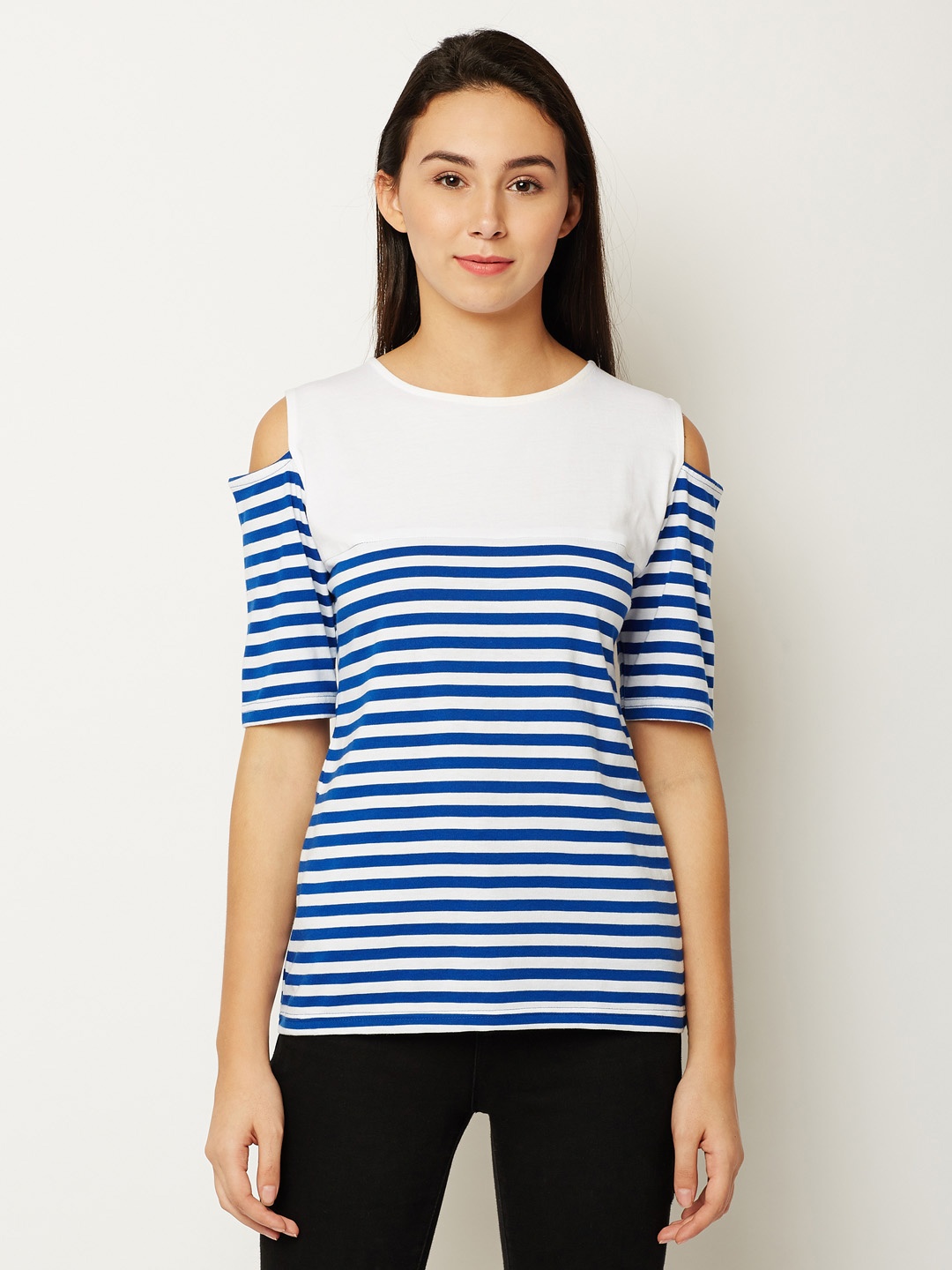 

Miss Chase Women Blue & White Striped Pure Cotton Top