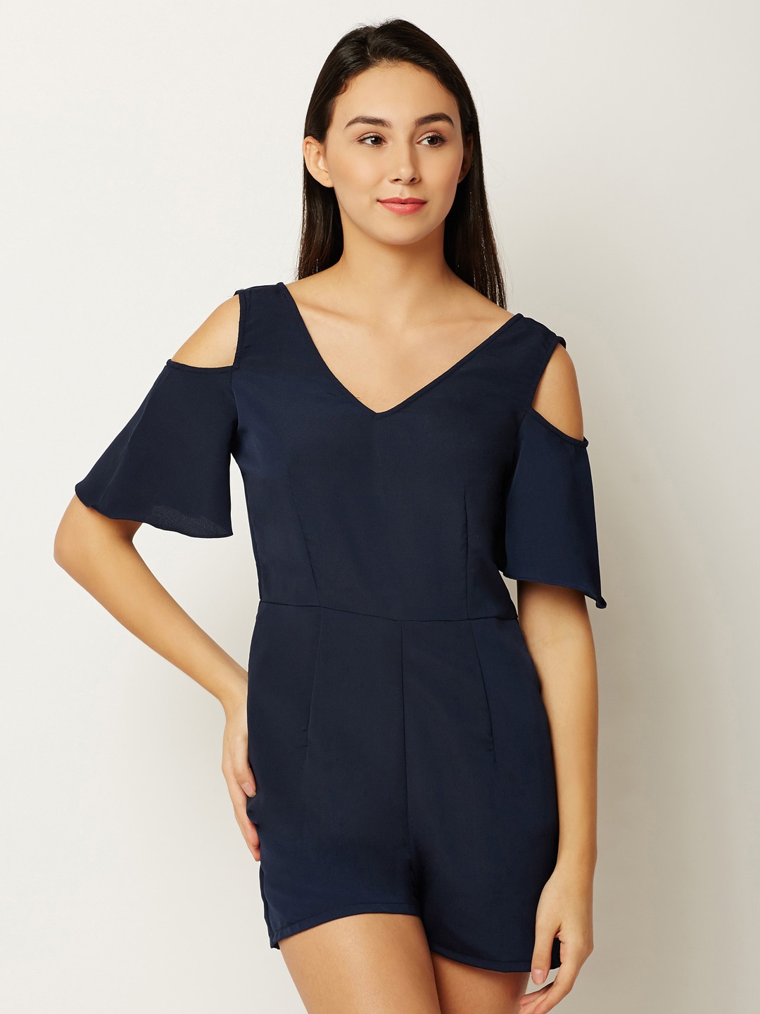 

Miss Chase Navy Blue Solid Cold- Shoulder Playsuit