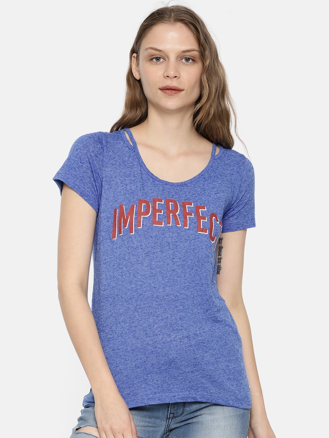 

ONLY Women Blue Printed Round Neck T-shirt