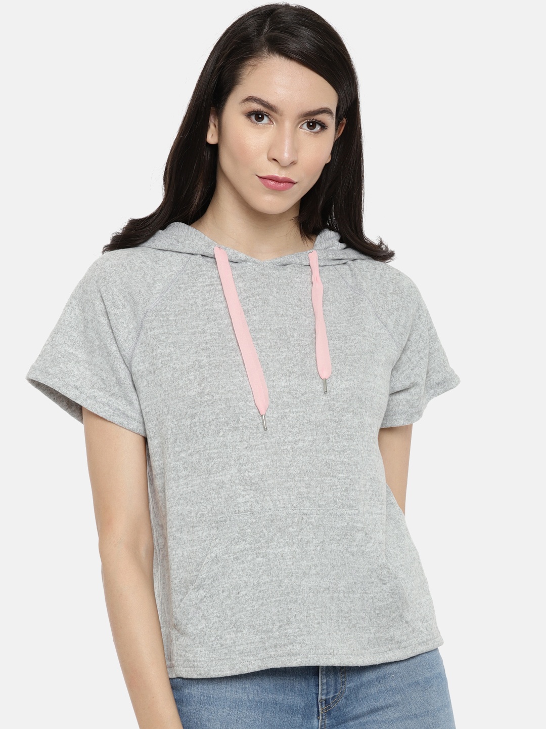 

ONLY Women Grey Solid Hooded Sweatshirt