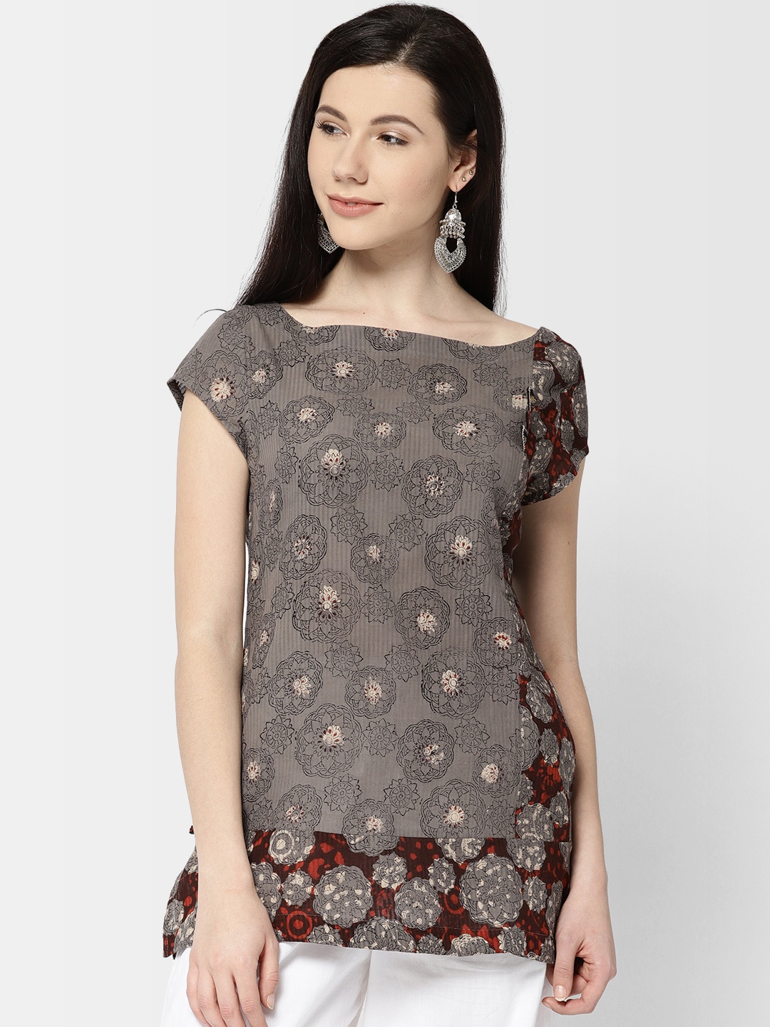 

Fabindia Grey Printed Pure Cotton Kurti