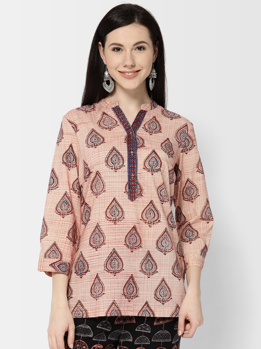 

Fabindia Peach-Coloured Printed Pure Cotton Kurti