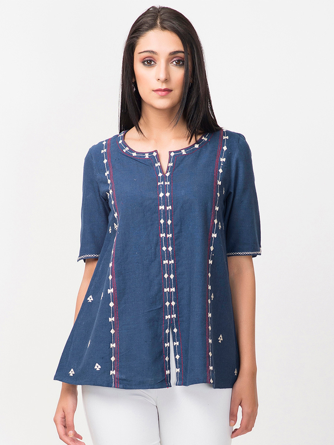 

Fabindia Navy Hand Embroidered A-Line Pure Cotton Kurti, Navy blue