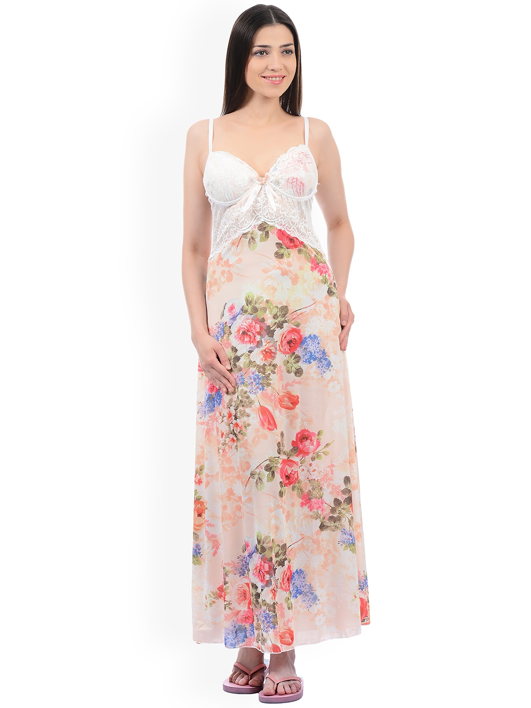 

Sweet Dreams Cream-Coloured & Pink Printed Maxi Babydoll Nightdress BD0418, Peach