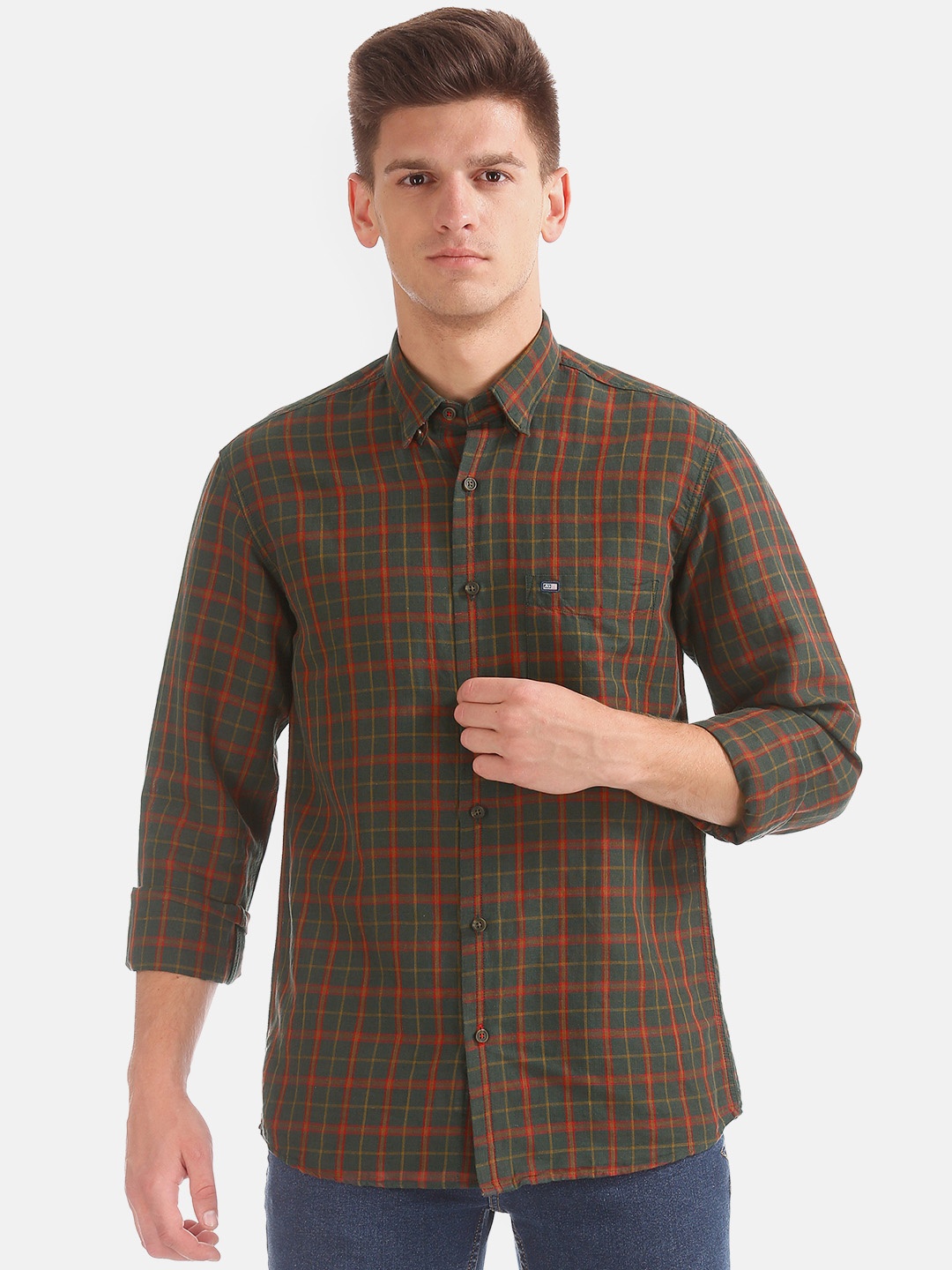 

Arrow Sport Men Green & Orange Regular Fit Checked Casual Shirt
