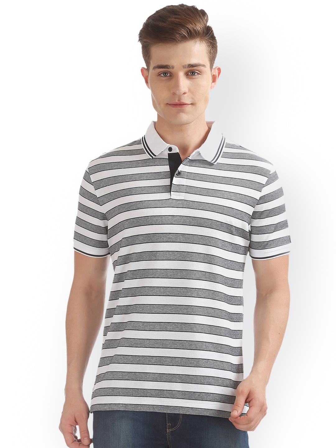 

Arrow Sport Men White Striped Polo Collar T-shirt