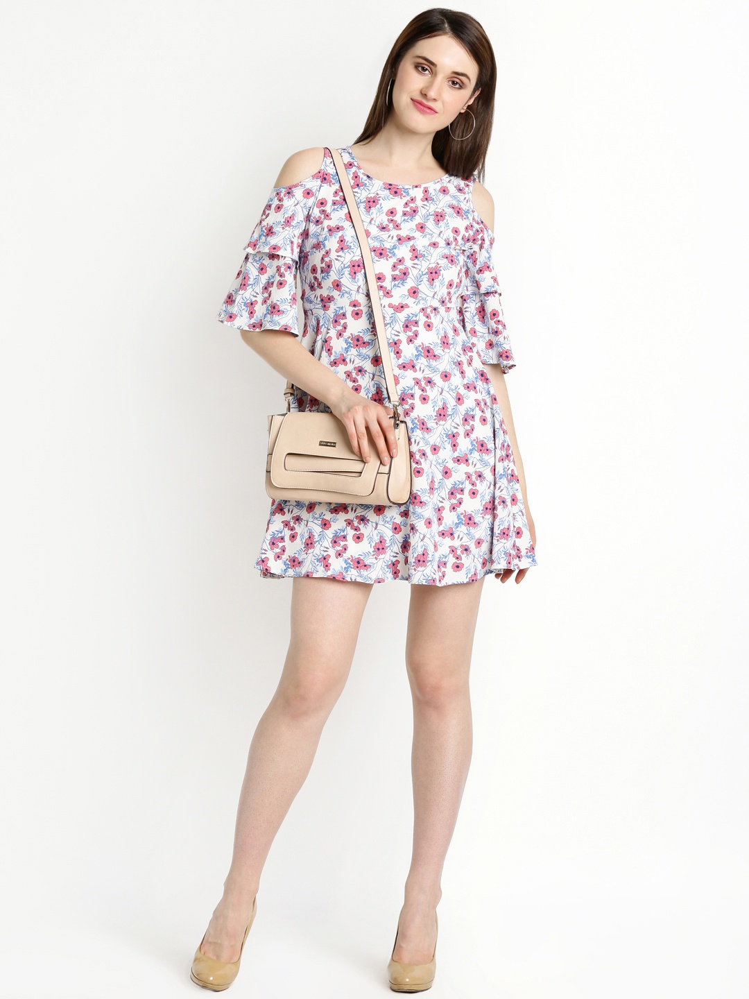 

Honey by Pantaloons Women White Floral Printed Fit and Flare Cold-Shoulder Dress