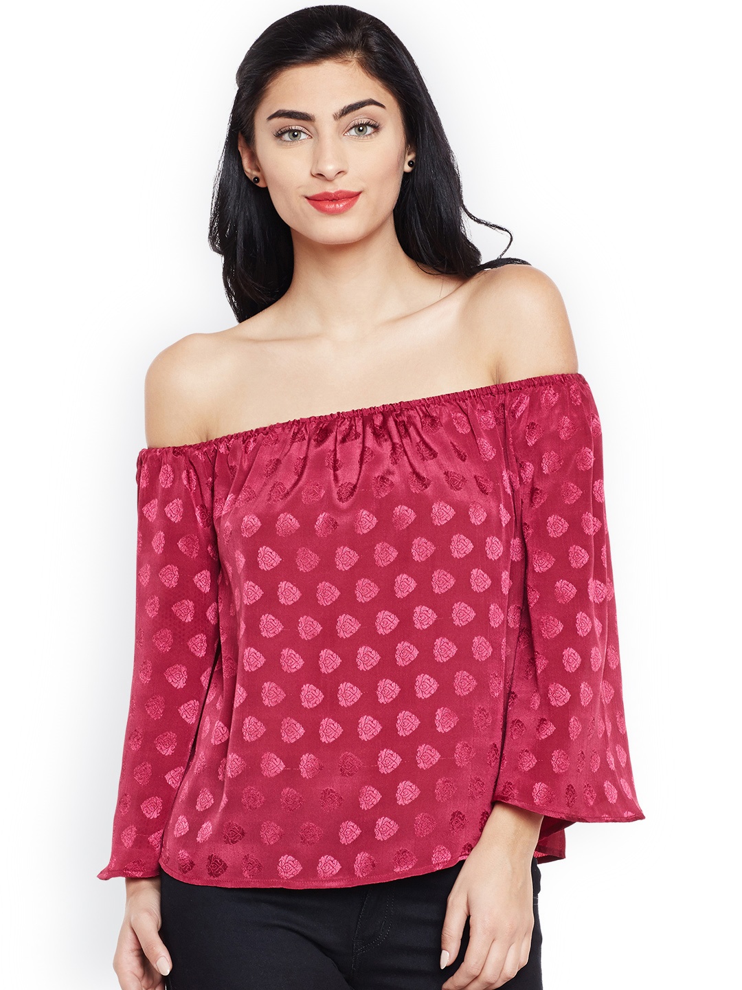 

Oxolloxo Women Maroon Printed Bardot Top