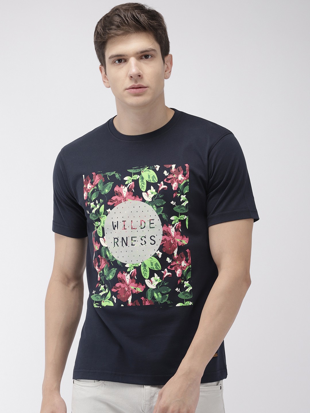 

Park Avenue Men Navy Blue Green Printed Round Neck Pure Cotton T-shirt