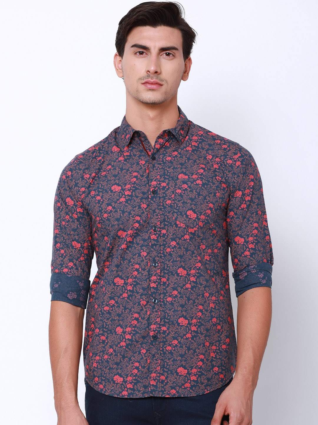 

Black coffee Men Blue & Orange Slim Fit Printed Casual Shirt