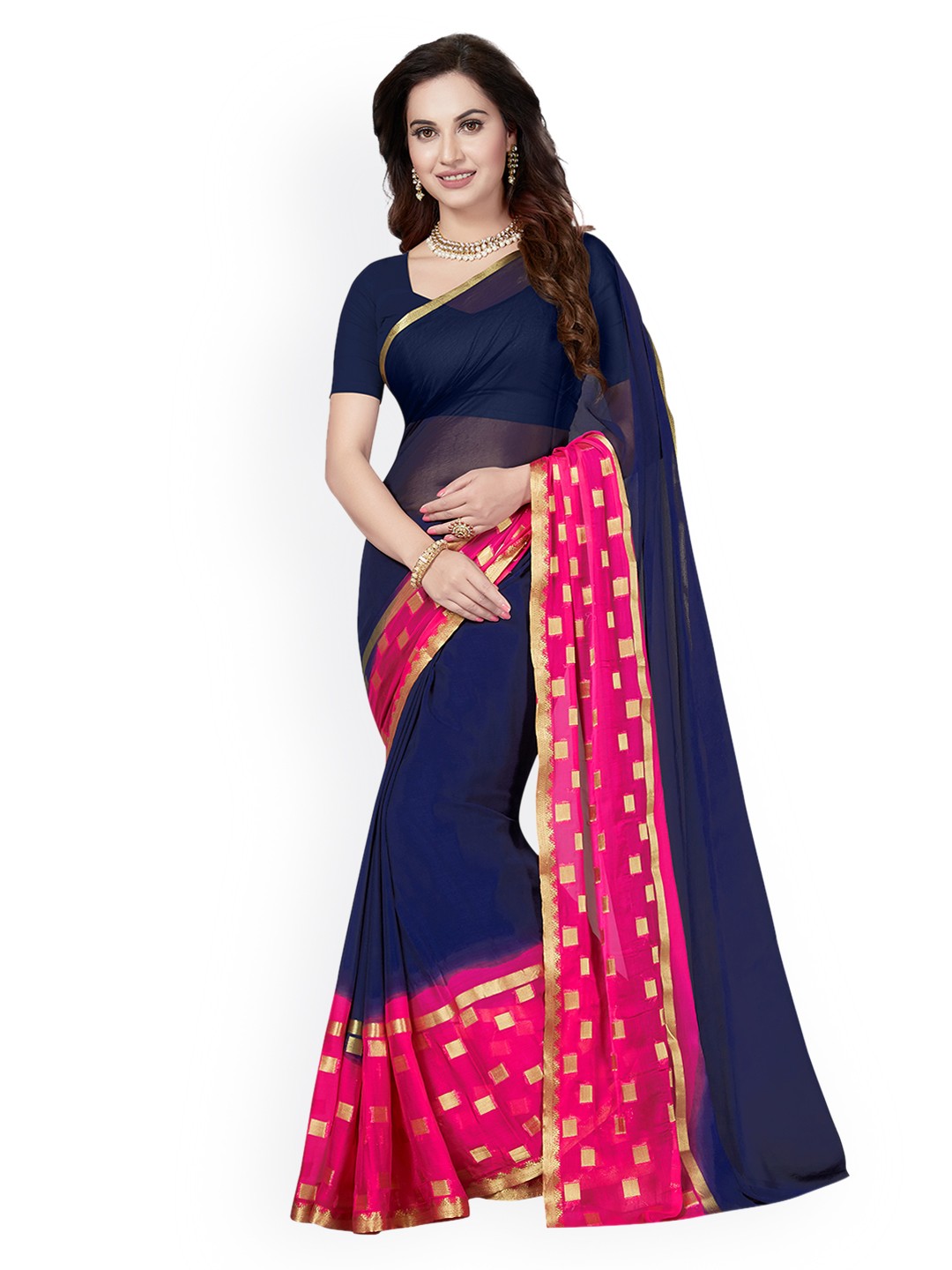 

Ishin Navy Blue & Pink Poly Chiffon Woven Design Ikat Saree