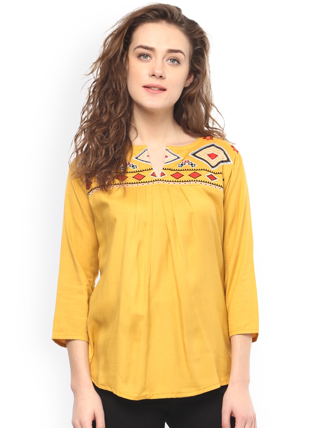 

Mayra Women Yellow Embroidered A-Line Top