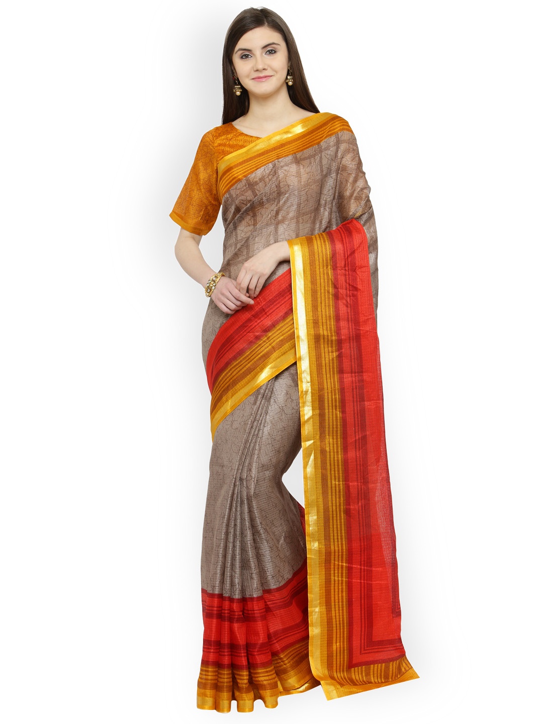 

Shaily Brown & Red Silk Cotton Printed Saree